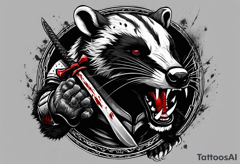 Draw me psychopath Badger/Berserker with aggressive full body, killer face with a scary smile, very long nails and he attacks like a Bloody Assassin/Warrior/Gladiator to us and also, he has very deadly looking. He fights with his nails. Everybody scares after their first sight. Give me horror type Badger Tattoo. I want to see his Realistic full body. tattoo idea