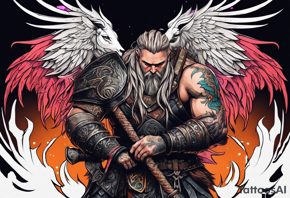 cyberpunk viking, casting demons back to hell with angelx wings, mythical aries ram tattoo idea