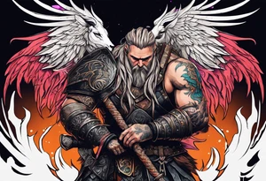 cyberpunk viking, casting demons back to hell with angelx wings, mythical aries ram tattoo idea