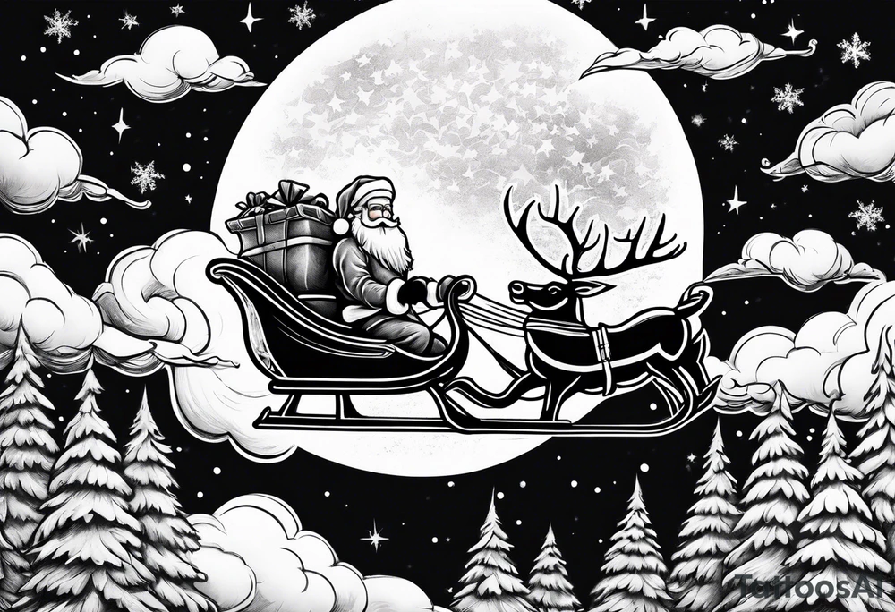 Santa flying in sky at night with his sleigh tattoo idea
