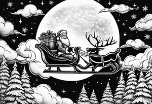 Santa flying in sky at night with his sleigh tattoo idea