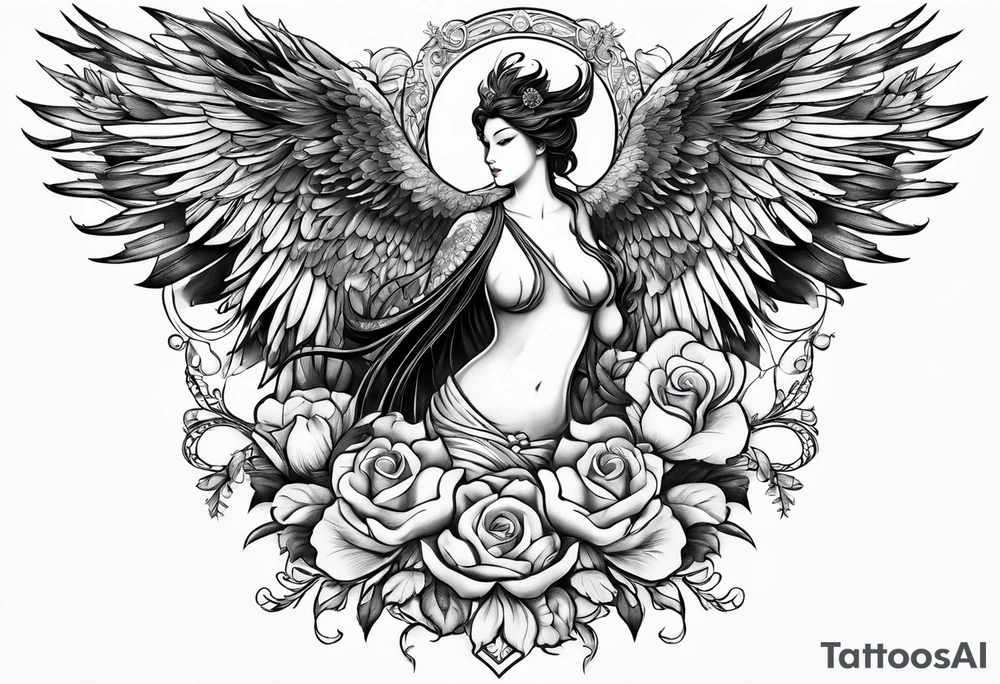 Sleeve with blind Themis and Phoenix with flowers tattoo idea