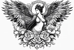 Sleeve with blind Themis and Phoenix with flowers tattoo idea