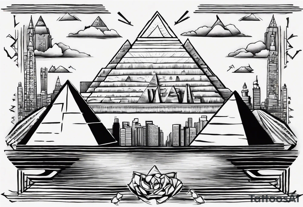 design featuring the Pyramids of Giza gracefully merging with the Manhattan skyline. Integrate the Nile River flowing into the Hudson River to symbolize your cultural journey. Keep the design clean and impactful, focusing on key elements to maintain a timeless and meaningful representation of your identity and experiences. tattoo idea
