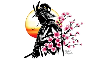 noble samurai warrior silhouette at sunset with cherry blossoms tattoo idea