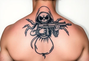 Scary Evil voodoo doll with a glock with a extended magazine and money bag full of cash tattoo idea