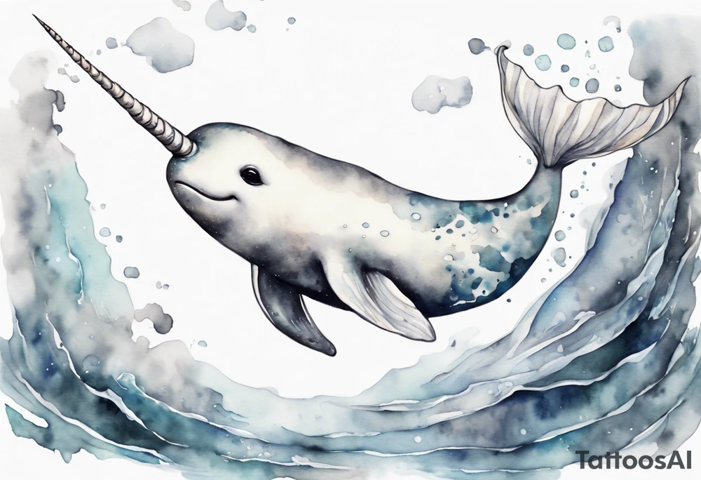 a melancholy watercolor painting of a realistic white narwhal swimming in a grey sea tattoo idea