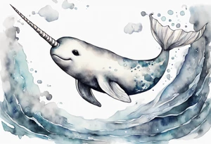 a melancholy watercolor painting of a realistic white narwhal swimming in a grey sea tattoo idea