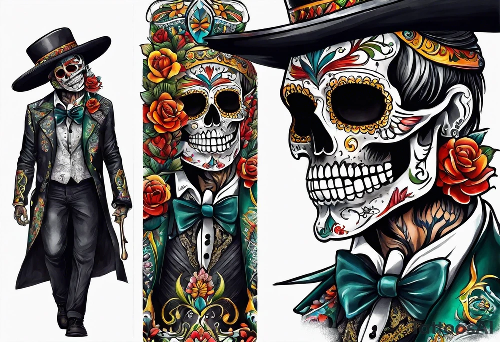 Mexico day of dead  man standing
 skeleton drink tattoo idea