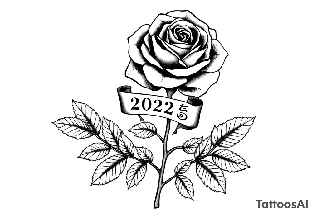 two beautiful large rose buds, one larger than the other, with many leaves and their stems intertwined, with one sitting higher than the other. Include a banner connecting the two roses with "2025" on it.  The word "Rose" written in Kanji above the drawing.  Use dark outlines with little shading. The two stems should be short, not long, and connect and join into one stem, whimsically curved or twisted - not straight down. tattoo idea