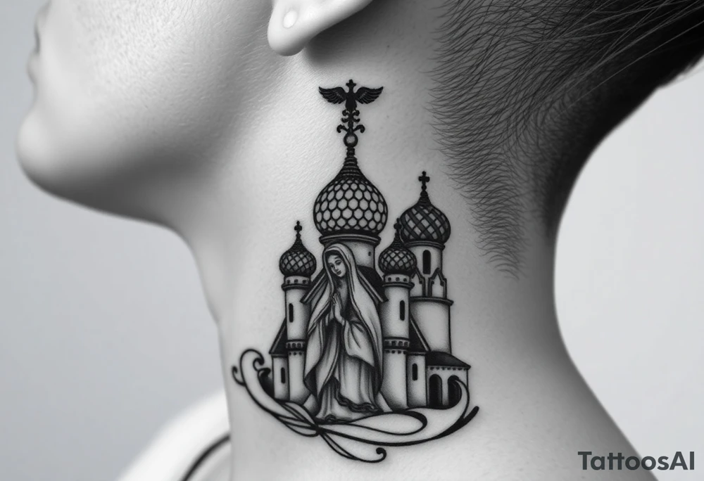 Flowing Scene

A onion domes orthodox church
Virgin Mary in prayer pose wrapping around the lower neck curve
A small double headed russian coat of arms eagle or just the star tucked above the dome near the hairline tattoo idea
