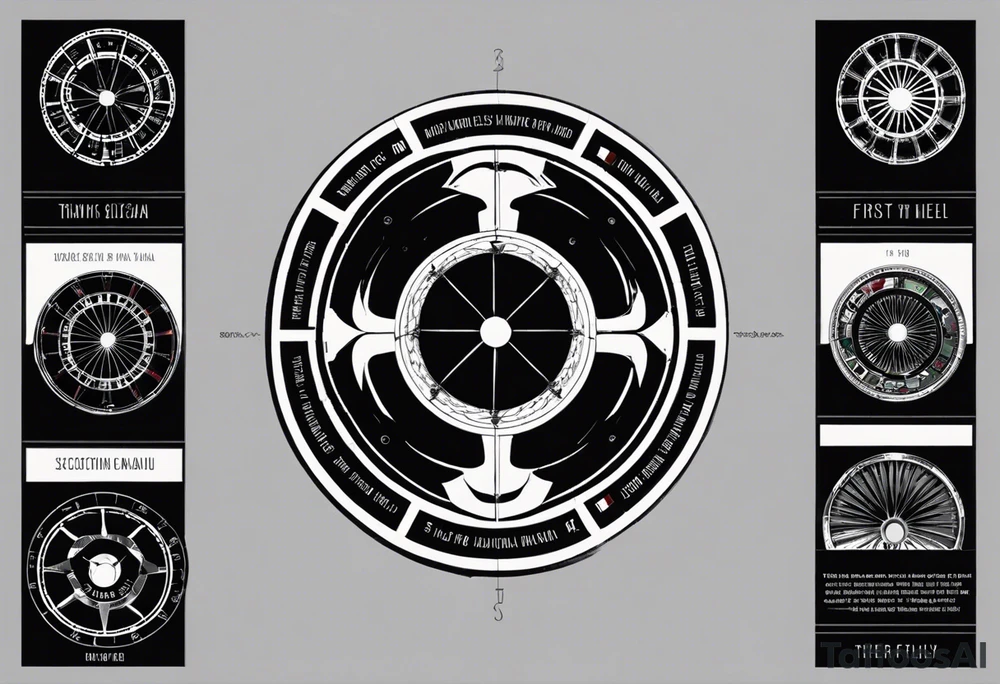 design a wheel with 5 sections. Each section to represent a moment of my life. First section to represent Rome,Italy where I was born. Second section to represent the beginning of my fling career in the Italian Air Force. Think section to represent moving to the United States, Spokane exchacly and continuing flying for Horizon Air. Forth section to include moving to Hawaii and starting a new life style, laid back, growing my own food, taking all the aloha spirit in together with my blondie curly hair partner Ronda . Fifth section to stay empty for the future to come. In the middle of the wheel a combination of American and Italian flag tattoo idea