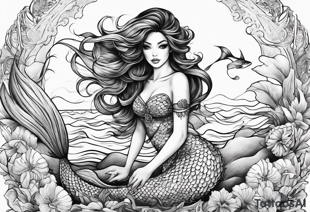 mystical sultery
 mermaid with long 
flowing tail and hair, tattoo sleeve tattoo idea