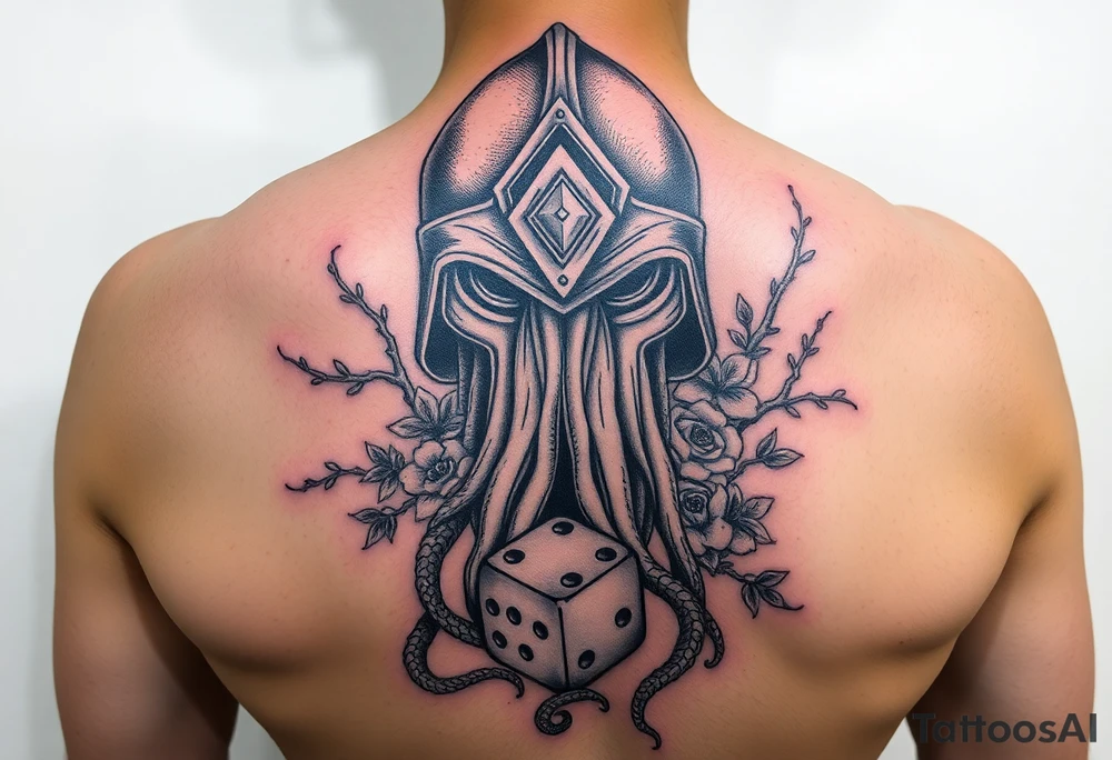 squid knight helmet combined with tree roots, cherry blossoms and roses rolling dice tattoo idea