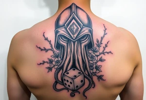 squid knight helmet combined with tree roots, cherry blossoms and roses rolling dice tattoo idea