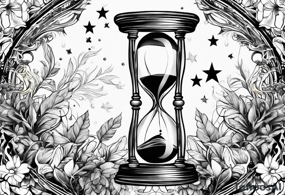 hourglass with vegetation, stars and hydrogen atoms tattoo idea