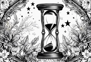 hourglass with vegetation, stars and hydrogen atoms tattoo idea