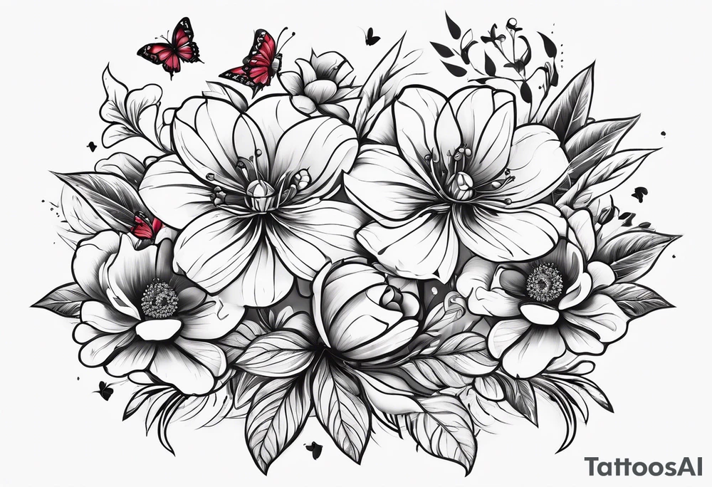 Flowers with "Ruby" in calligraphy font and butterflies around it tattoo idea
