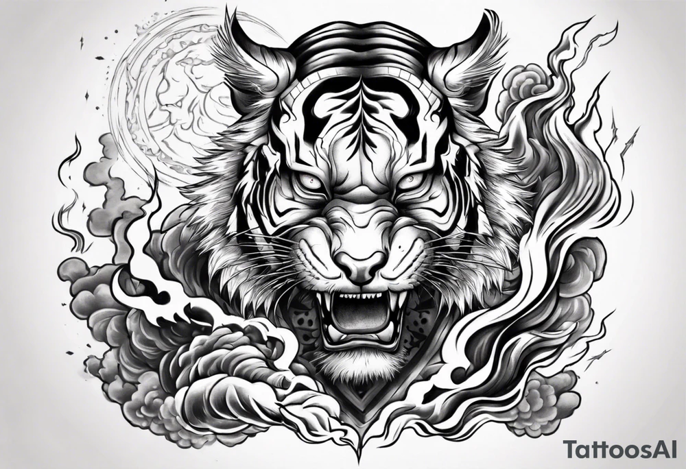 Tiger warrior with lightning and the sun for a forearm sleeve tattoo idea