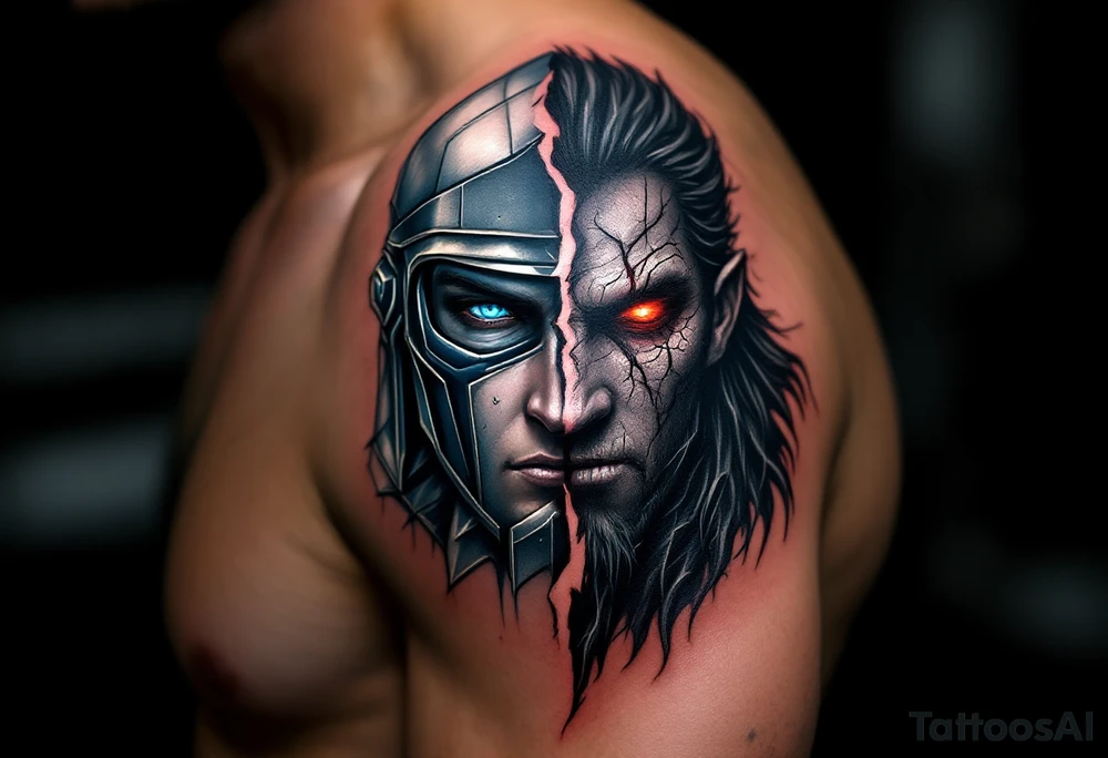 A warrior with a split face—one half is a noble knight, adorned with silver armor, a blue eye shining with determination, and the other half is a cursed warrior, clad in dark, cracked armor, with a crimson eye glowing with rage. The division between them is jagged but seamless, showing that both forces exist within one soul. tattoo idea