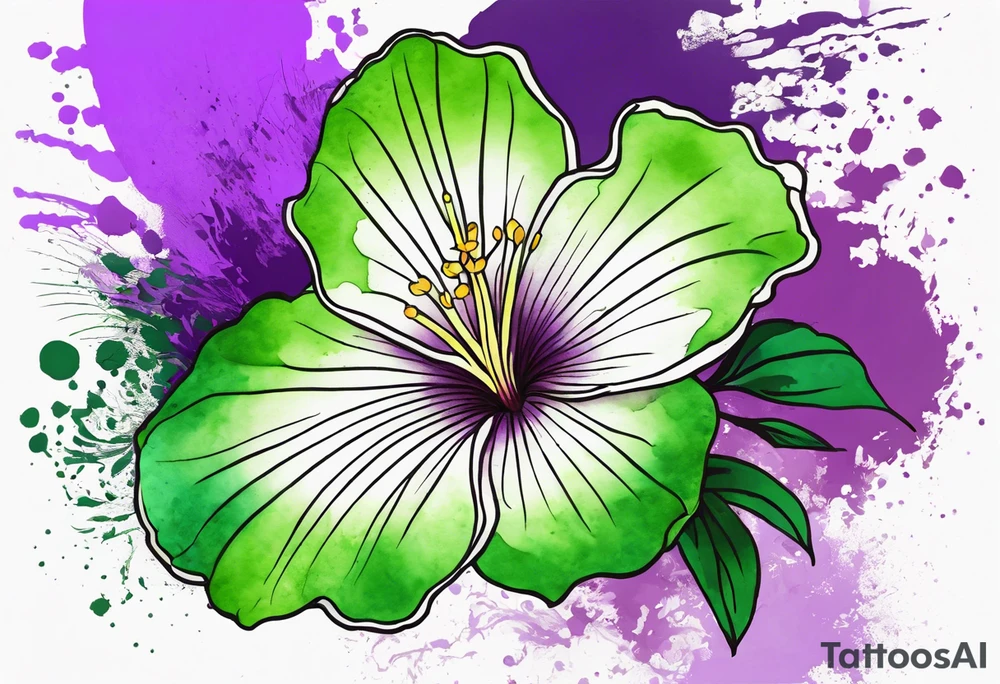 An outline of a green rio dipladenia flower and a green and purple watercolor splash in the background tattoo idea