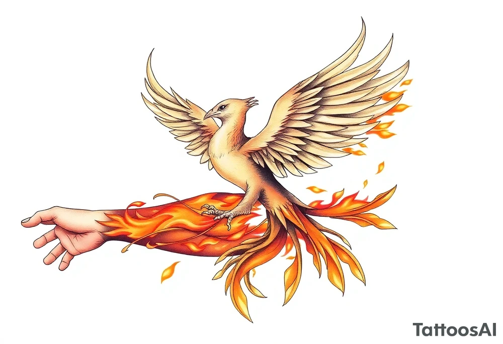 magnificent phoenix rising from golden flames with trailing embers tattoo idea