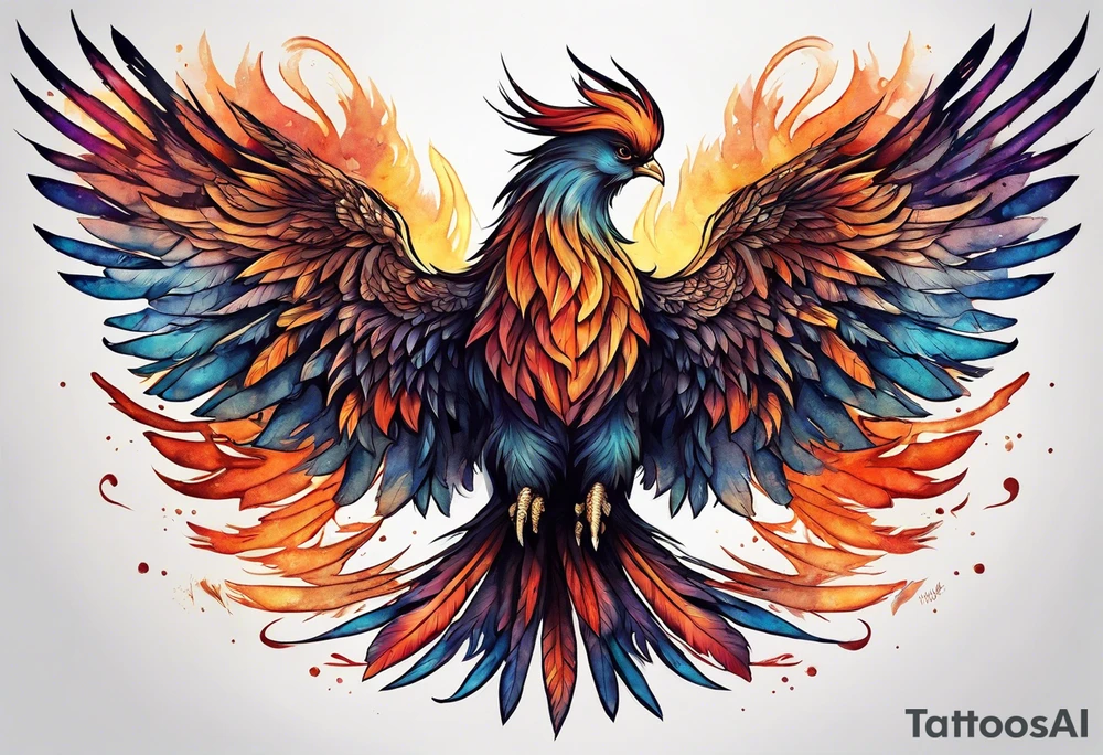 Phoenix on hip down into thigh with quote "from the Ashes I rise" long tail feathers wings not spread tattoo idea