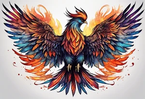Phoenix on hip down into thigh with quote "from the Ashes I rise" long tail feathers wings not spread tattoo idea