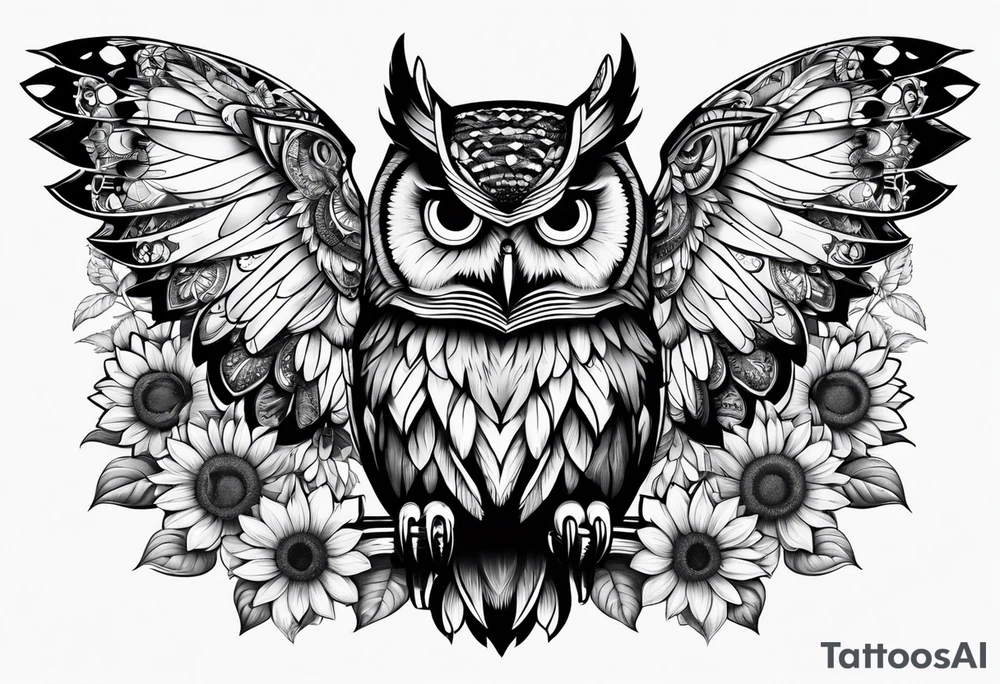 Owl with butterfly and sunflower tattoo idea