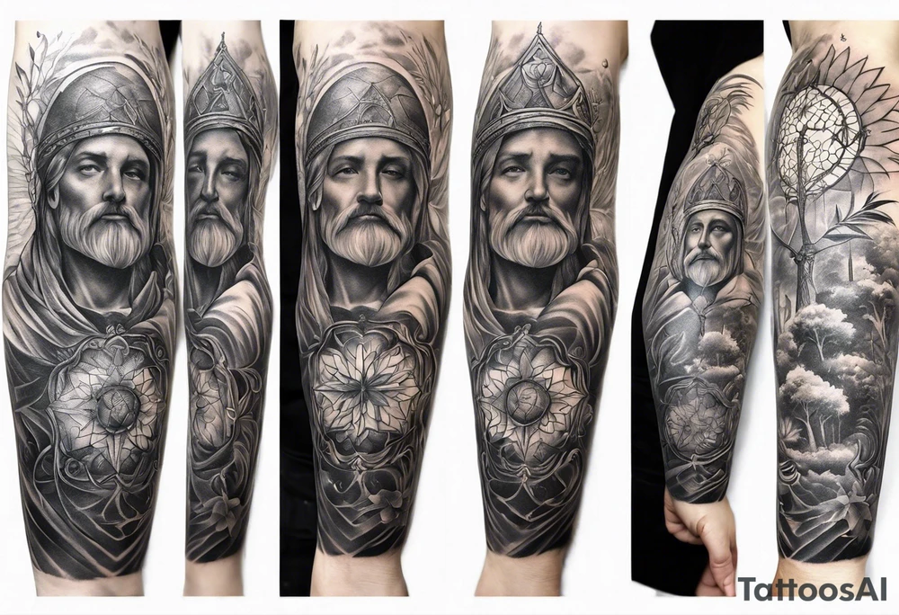 long sleeve tattoo about Christianity, family and the love of life tattoo idea