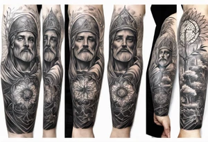 long sleeve tattoo about Christianity, family and the love of life tattoo idea