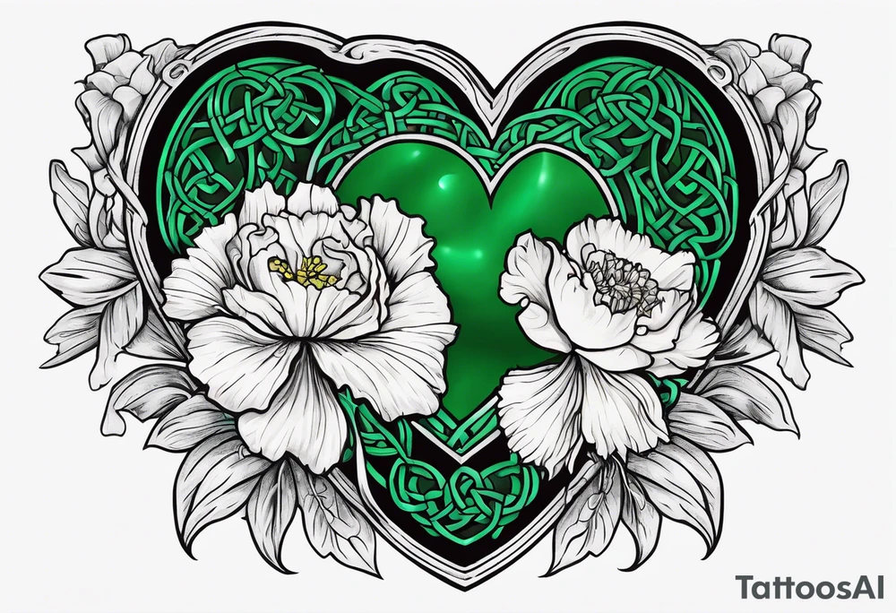 Irish Celtic symbol of love wedding ring with an Emrald green gem in the middle of the heart with a bundle of carnations, leaves, and narcissus coming out of the hands. tattoo idea