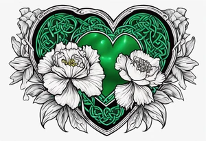 Irish Celtic symbol of love wedding ring with an Emrald green gem in the middle of the heart with a bundle of carnations, leaves, and narcissus coming out of the hands. tattoo idea