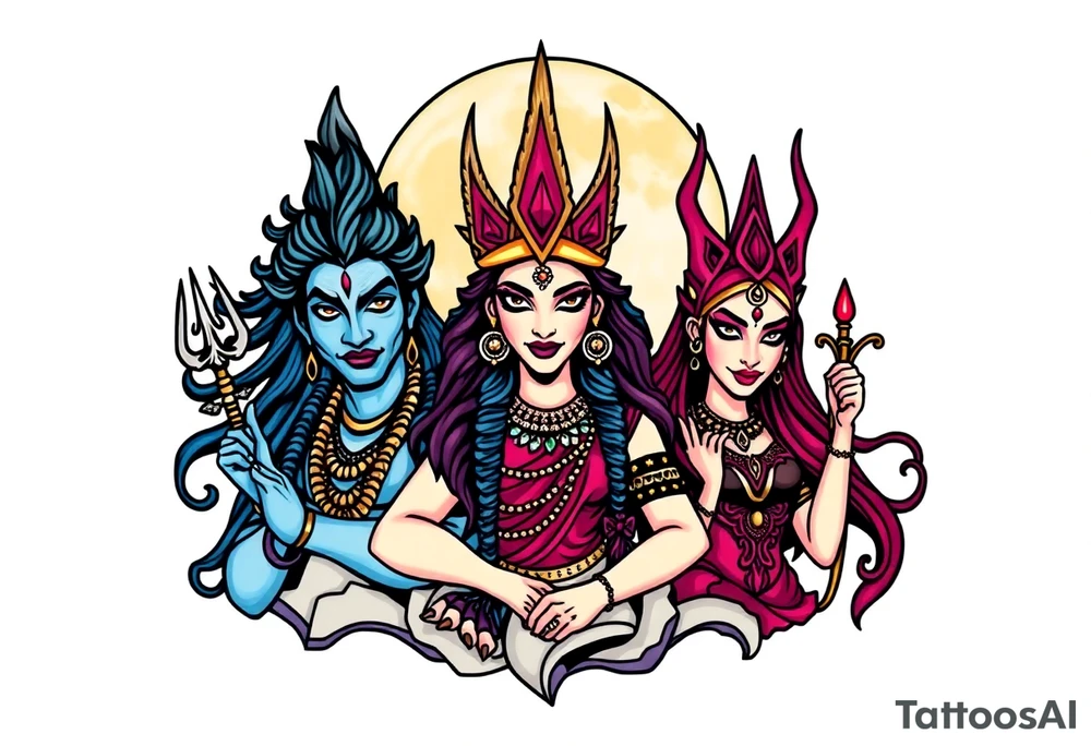 Lord Shiva, Godess Kali, Godess Lilith Together with the moon in the background tattoo idea