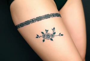 garter tattoo with dark forest green velvet, with baroque-inspired gold accents and tiny intricate roses tattoo idea