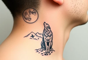 lone wolf howling at full moon with northern lights backdrop tattoo idea