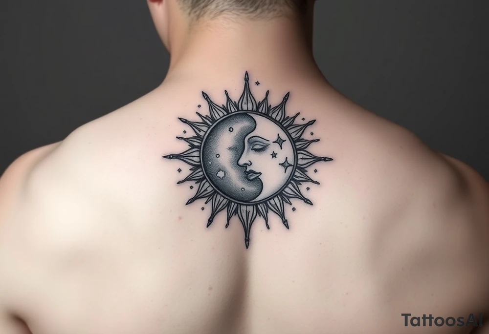 celestial sun and moon embrace with constellation patterns with number 222 tattoo idea celestial sun and moon embrace with constellation patterns with number 222 tattoo idea