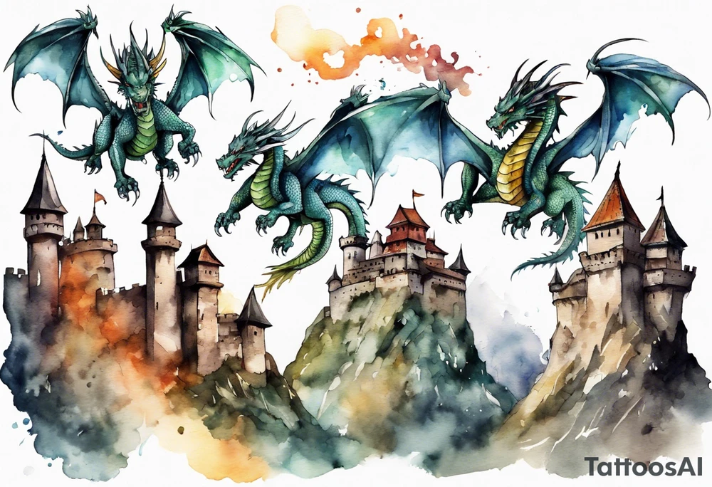 3 dragons flying around the highest part of the castle, defending it from a village with angry people tattoo idea