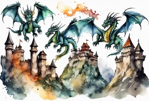 3 dragons flying around the highest part of the castle, defending it from a village with angry people tattoo idea