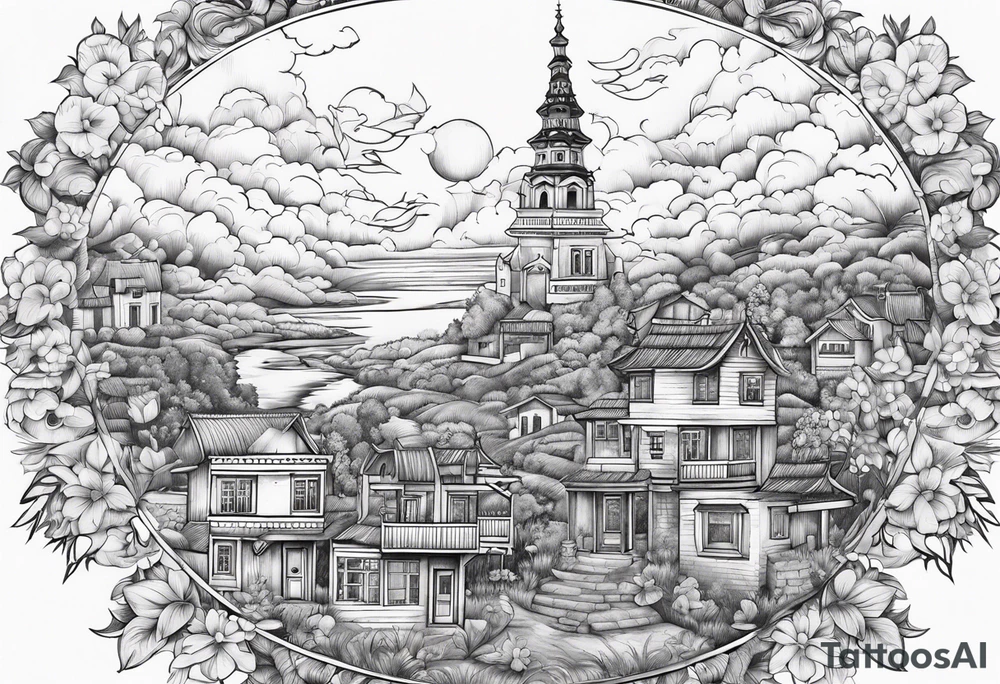 heaven town with tower houses
in circle vignette surrounded by clouds flowers tattoo idea