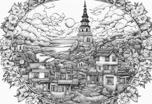 heaven town with tower houses
 in circle vignette surrounded by clouds flowers tattoo idea