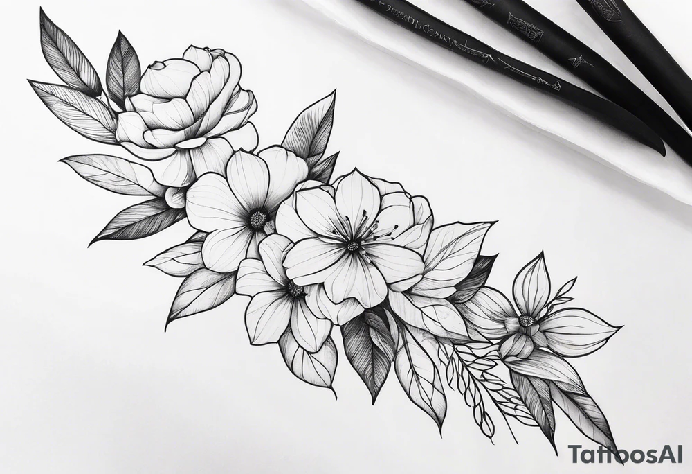 Verticle arm wrap of soft flowers and leaves forearm tattoo idea