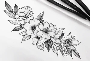 Verticle arm wrap of soft flowers and leaves forearm tattoo idea