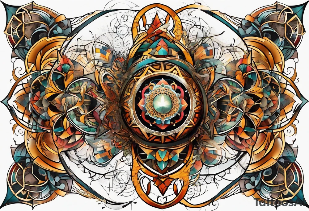 front knee tattoo with sacred geometry, swirls & washes, background and in fall colors tattoo idea