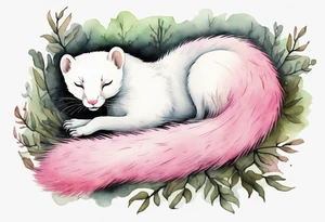 watercolor of an ermine covered in pink fur with a pink nose sleeping in a forest tattoo idea