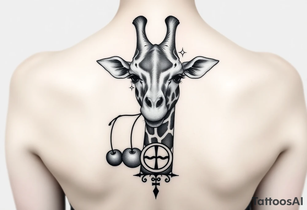 Giraffe with cherries in mouth with moon and gemini symbol tattoo idea