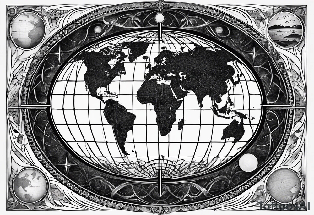 the earth on a flat map with light fading shading placed on a grid with only the lines with accurate depictions of the borders in countries while having it in an oval/circular position without any borders on the sides tattoo idea