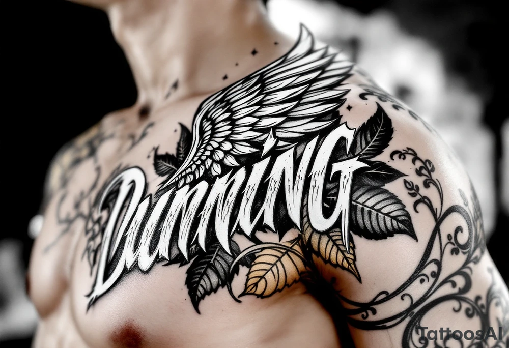 Dunning, Details include name in white color,angel wing, rain drop jungles leaves,cool font, gold highlights tattoo idea