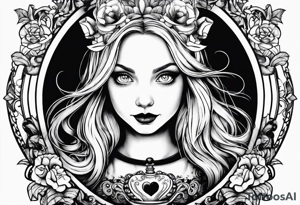 Alice in wonderland, Alice solo facing the viewer, simplistic tattoo idea