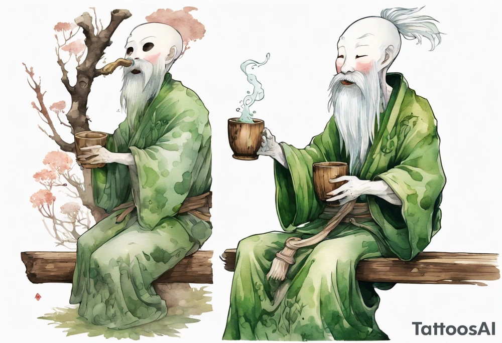 a kodama with a long moss beard wearing a medieval tunic drinking from a wood cup, sitting on a bench laughing tattoo idea
